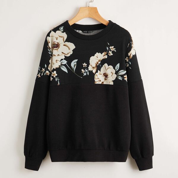 

Floral Print Drop Shoulder Pullover, Black