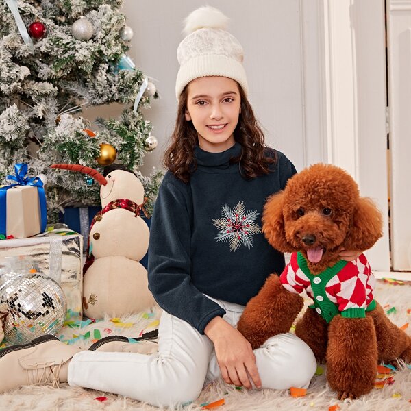 

Girls Funnel Neck Embroidered Detail Teddy Pullover, Navy blue