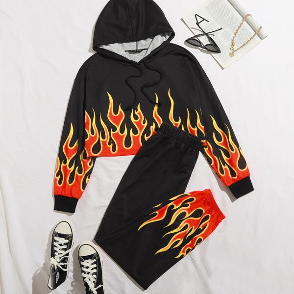 

Fire Print Crop Hoodie & Sweatpants Set, Black