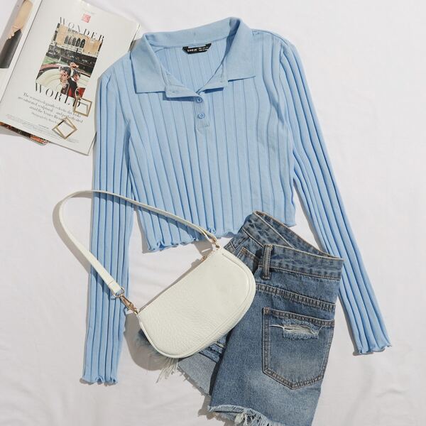 

Lettuce Trim Button Half Placket Top, Baby blue