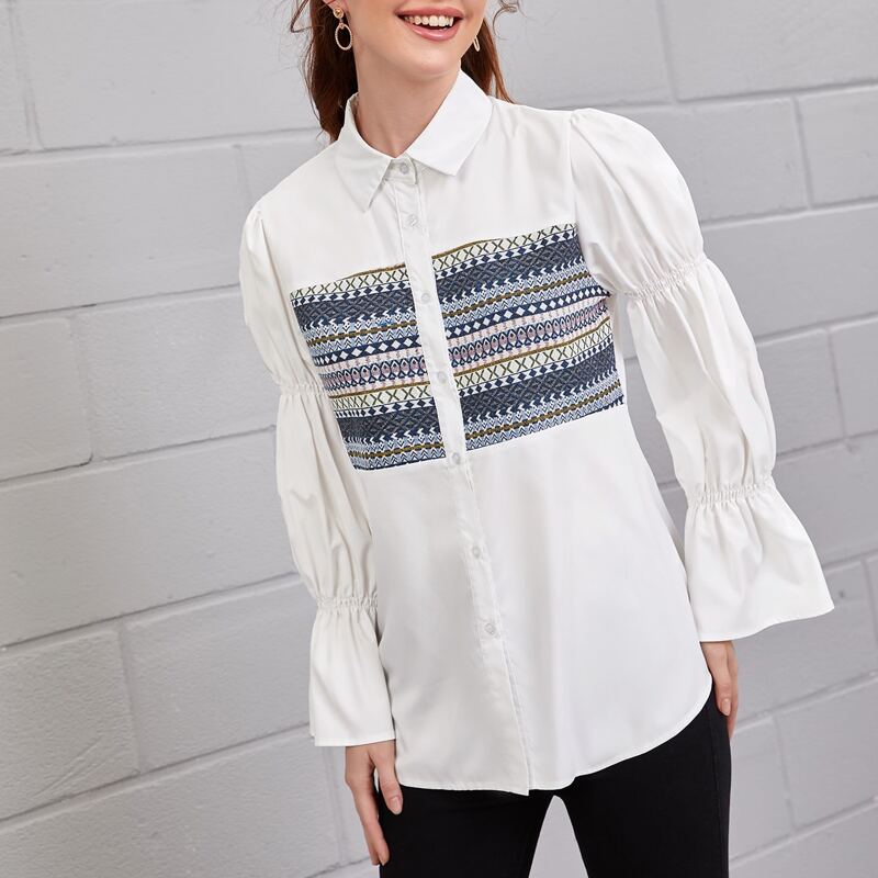 

Contrast Panel Flounce Sleeve Blouse, White
