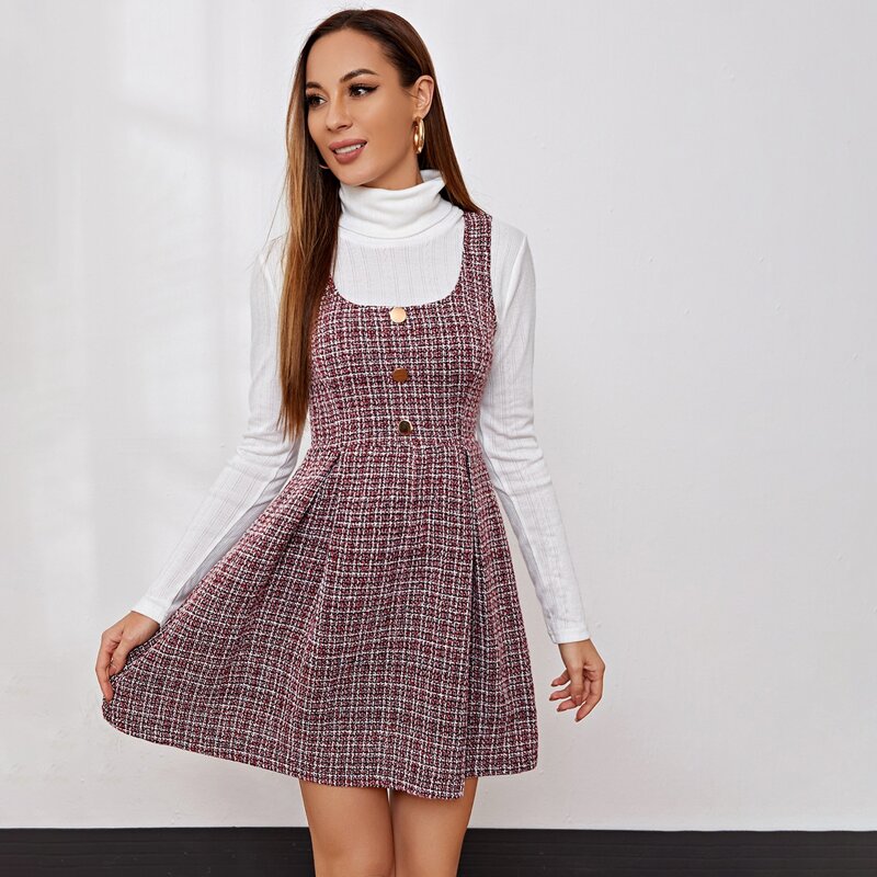 

Button Front Plaid Tweed Dress, Red and white