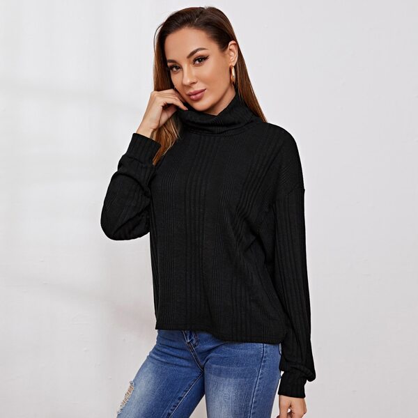 

Rolled Neck Drop Shoulder Top, Black