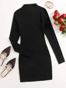 SHEIN Lettuce Trim Rib-knit Bodycon Dress - Black - View 1