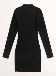 SHEIN Lettuce Trim Rib-knit Bodycon Dress - Black - View 4