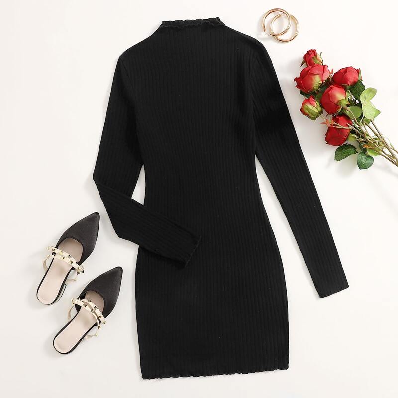 

Lettuce Trim Rib-knit Bodycon Dress, Black