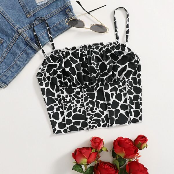 

Geo Print Ruched Bust Crop Cami Top, Black and white