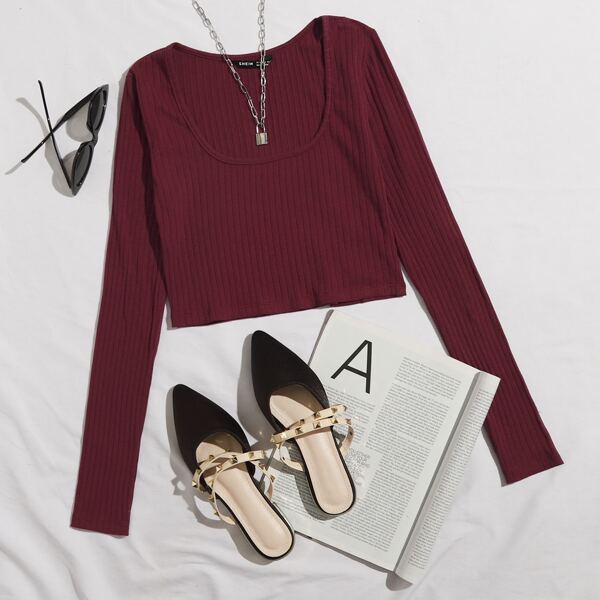 

Rib-knit Solid Crop Tee, Burgundy
