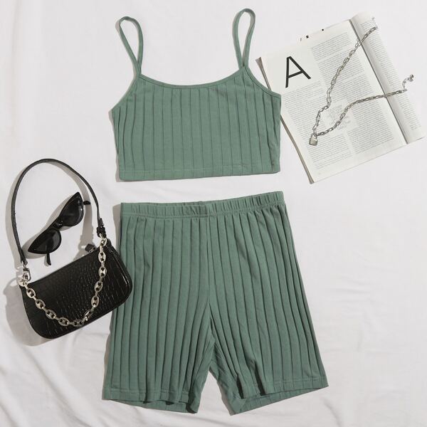 

Solid Rib-knit Cami Top & Biker Short Set, Green