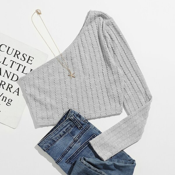 

One Shoulder Form Fitted Crop Tee, Light grey