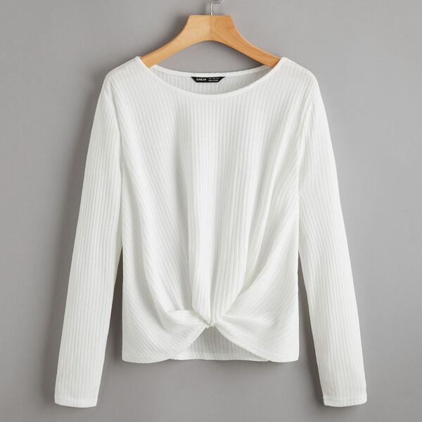 

Twist Front Rib-knit Tee, White