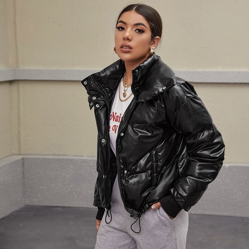 

Zip Up PU Leather Puffer Jacket, Black