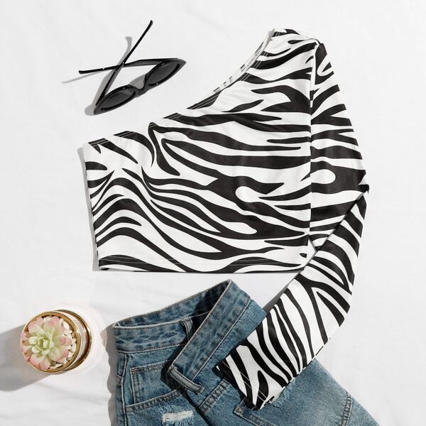 

One Shoulder Zebra Striped Crop Tee, Black and white