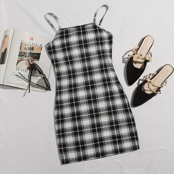 

Plaid Backless Cami Bodycon Dress, Black and white