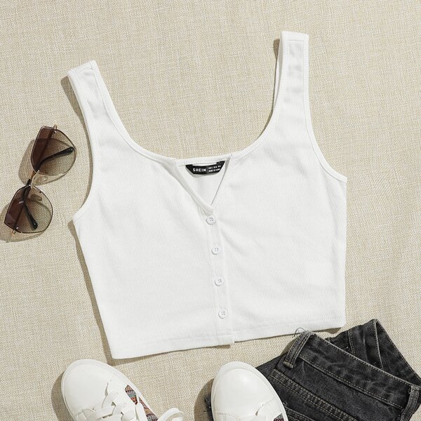 

Button Front Crop Tank Top, White