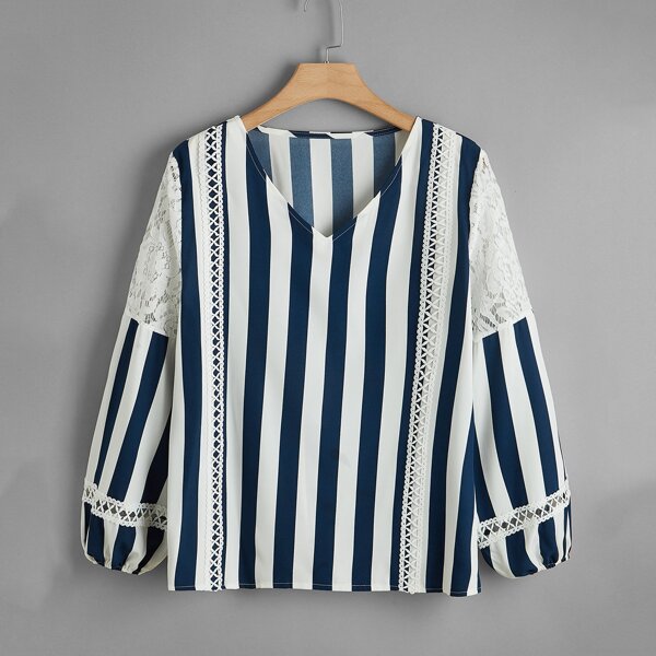 

Plus Striped Lace Insert Blouse, Blue and white