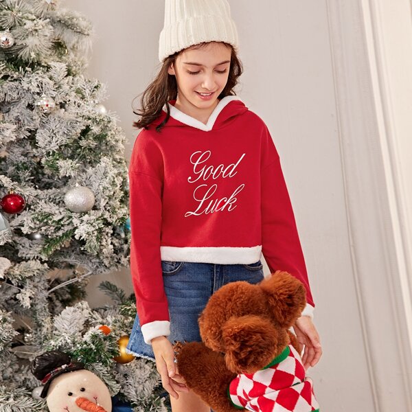 

Girls Contrast Teddy Trim Letter Graphic Crop Hoodie, Red