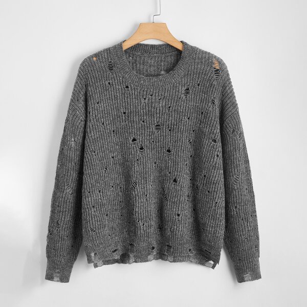 

Plus Solid Ripped High Low Hem Sweater, Dark grey