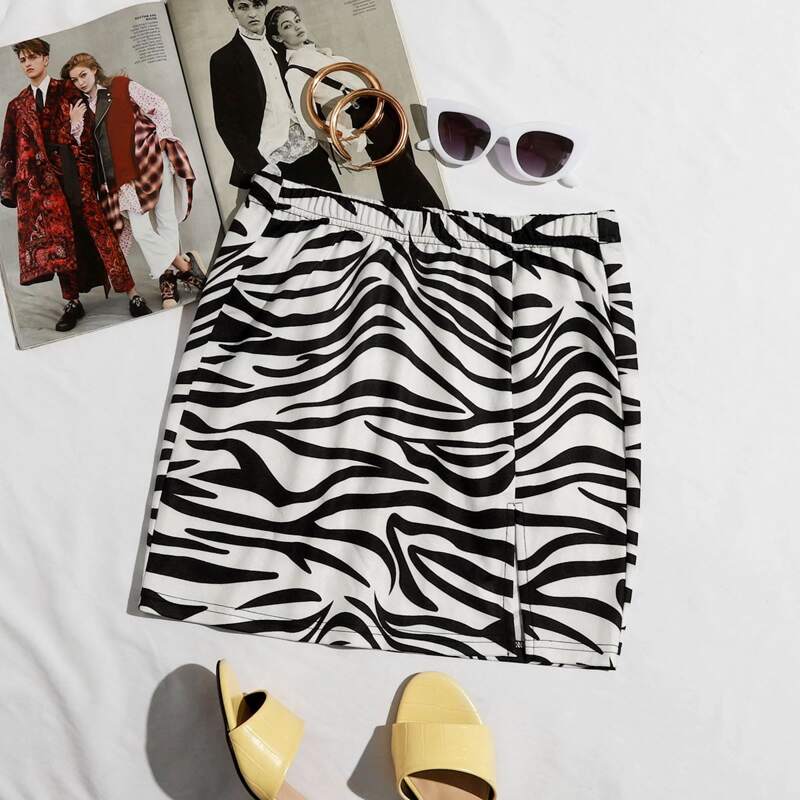 

Zebra Stripe Split Detail Skirt, Black and white
