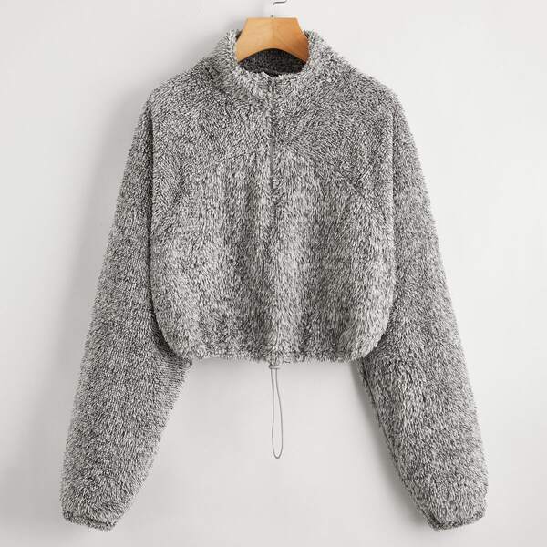 

Drawstring Hem Zip Half Placket Teddy Sweatshirt, Grey