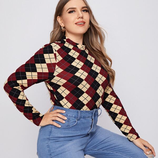 

Plus Argyle Pattern Stand Collar Tee, Multicolor