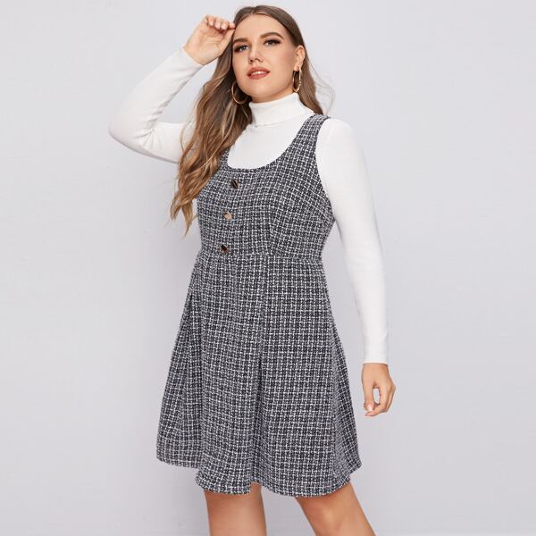 Plus Button Front Tweed Dress, Black and white