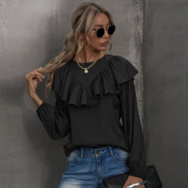 

Solid Ruffle Trim Keyhole Back Blouse, Black