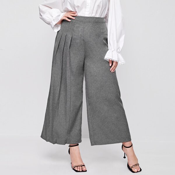 

Plus Zipper Side Fold Pleated Palazzo Pants, Grey