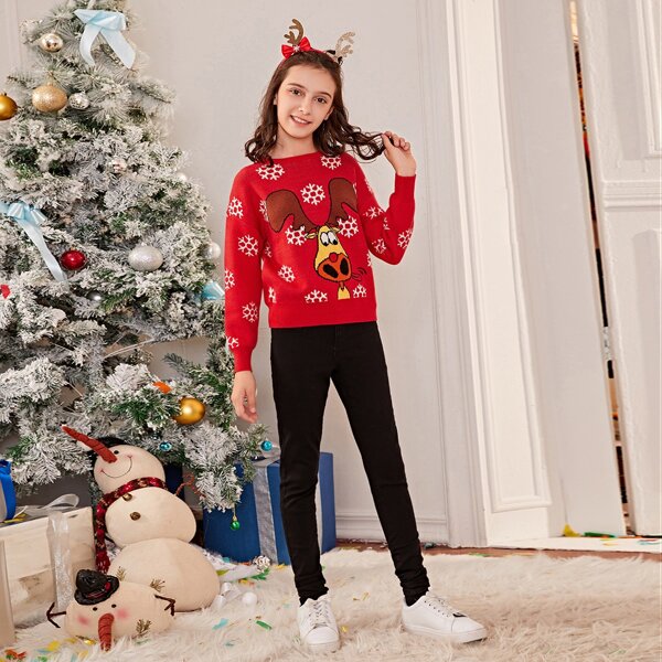 

Girls Drop Shoulder Christmas Pattern Sweater, Red