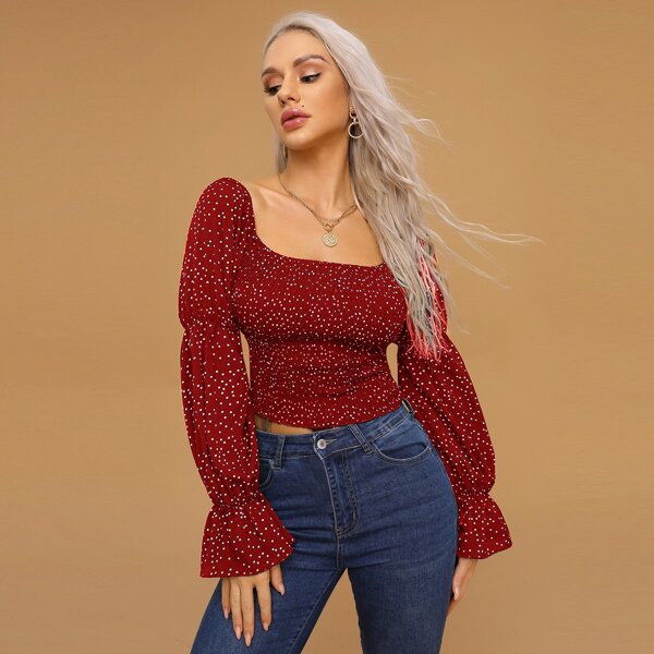 

Flounce Sleeve Polka Dot Shirred Blouse, Burgundy