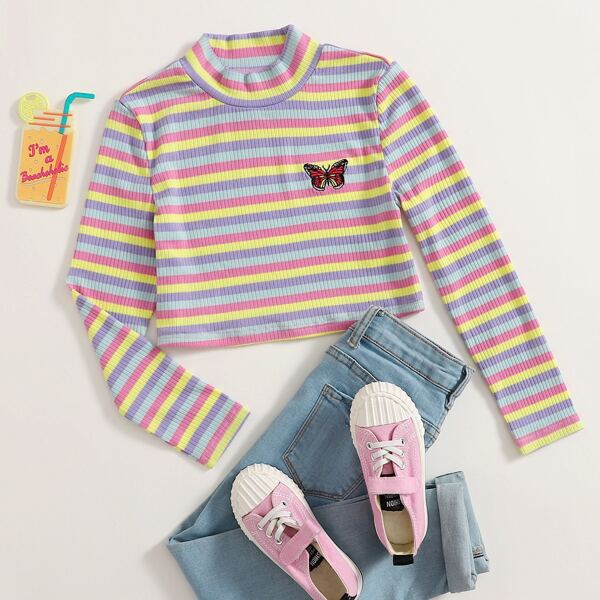 

Girls Mock Neck Embroidery Butterfly Striped Crop Tee, Multicolor
