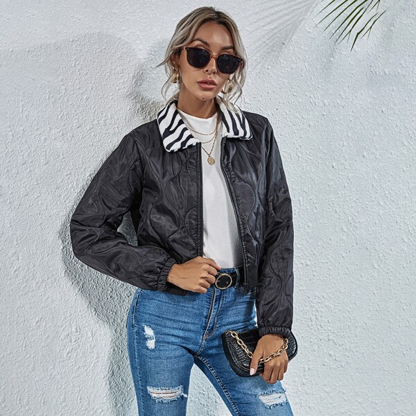 

Zebra Stripe Collar Zip-up Jacket, Black