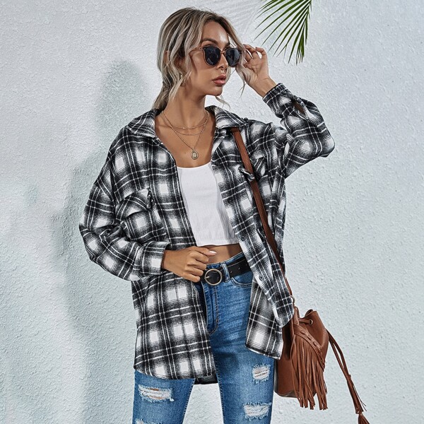 

Plaid Flap Pocket Drop Shoulder Overcoat, Black and white