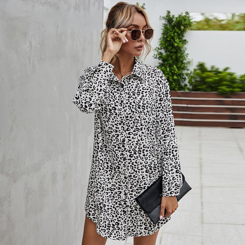

Leopard Print Button Through Shirt Dress, Black and white