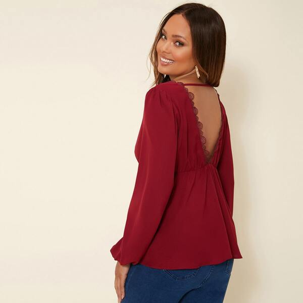 

Maternity Lantern Sleeve Lace Detail Backless Peplum Top, Burgundy