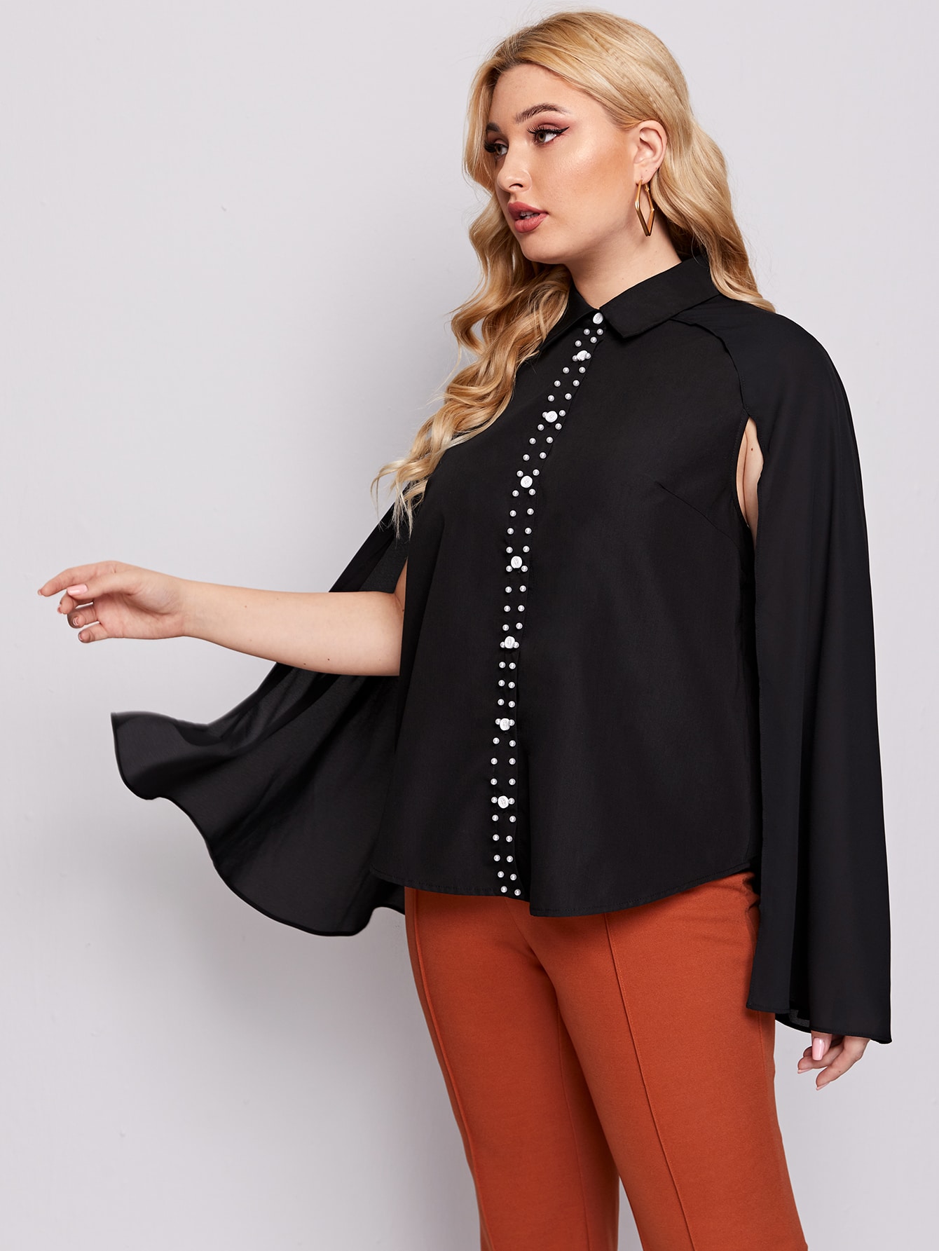 Plus Cloak Sleeve Pearls Beaded Blouse thumbnail