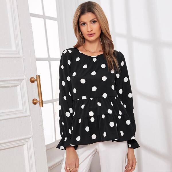 

Maternity Flounce Sleeve Ruffle Hem Polka Dot Top, Black