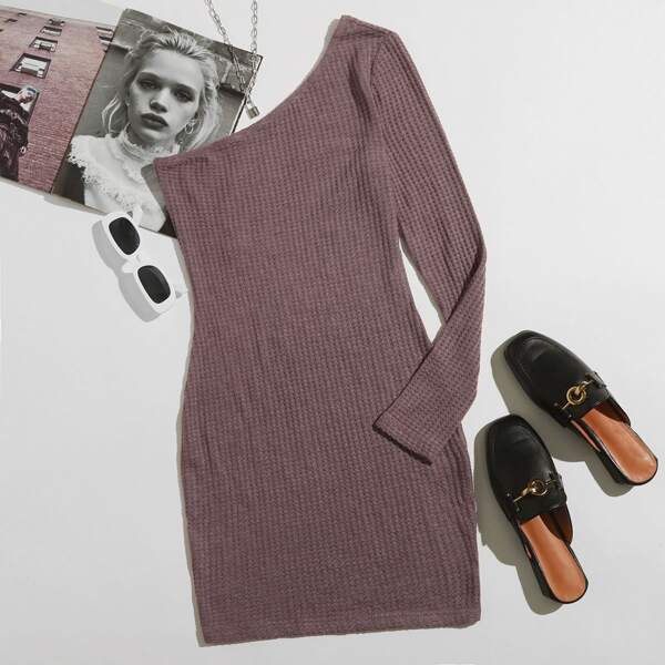 

One Shoulder Waffle Knit Dress, Dusty pink