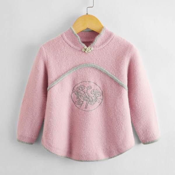 

Toddler Girls Frog Button Floral Embroidery Sweater, Baby pink