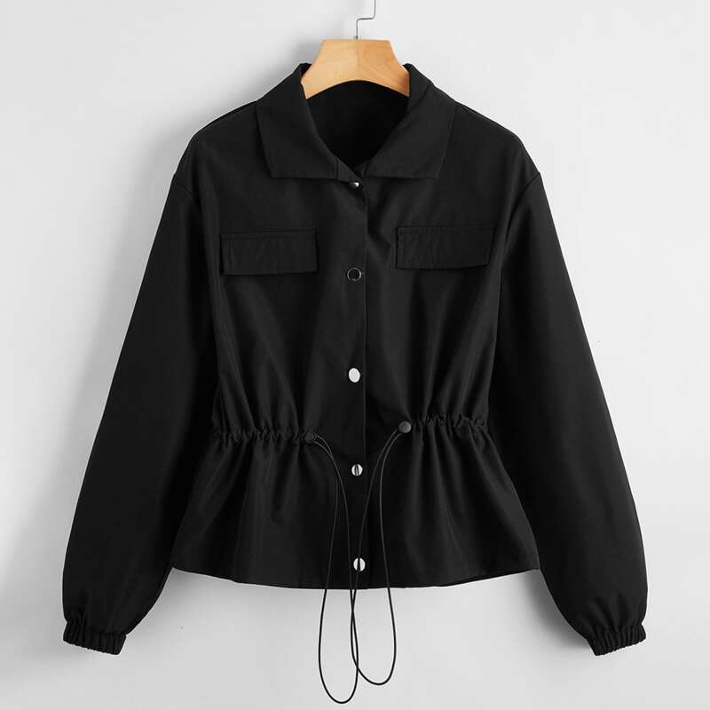 

Flap Detail Drawstring Waist Jacket, Black