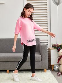 SHEIN Bộ áo và quần legging Tween Girl Letter Graphic - Nhiều màu - Xem 4