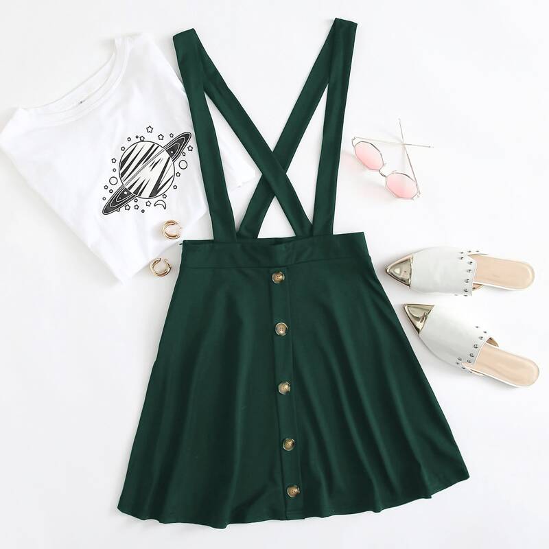 

Button Front Suspender Skirt, Dark green