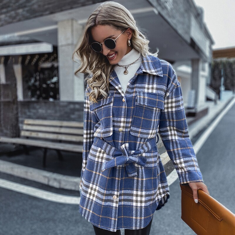 

Plaid Print Popper Front Flap Pocket Belted Coat, Multicolor