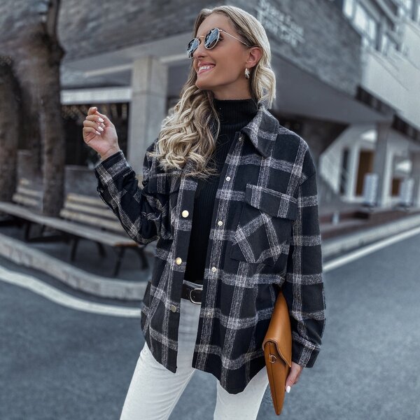 

Plaid Print Popper Front Flap Pocket Coat, Black
