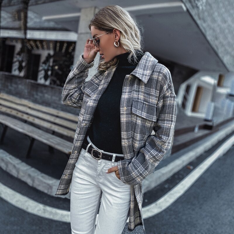 

Plaid Print Popper Front Belted Coat, Grey