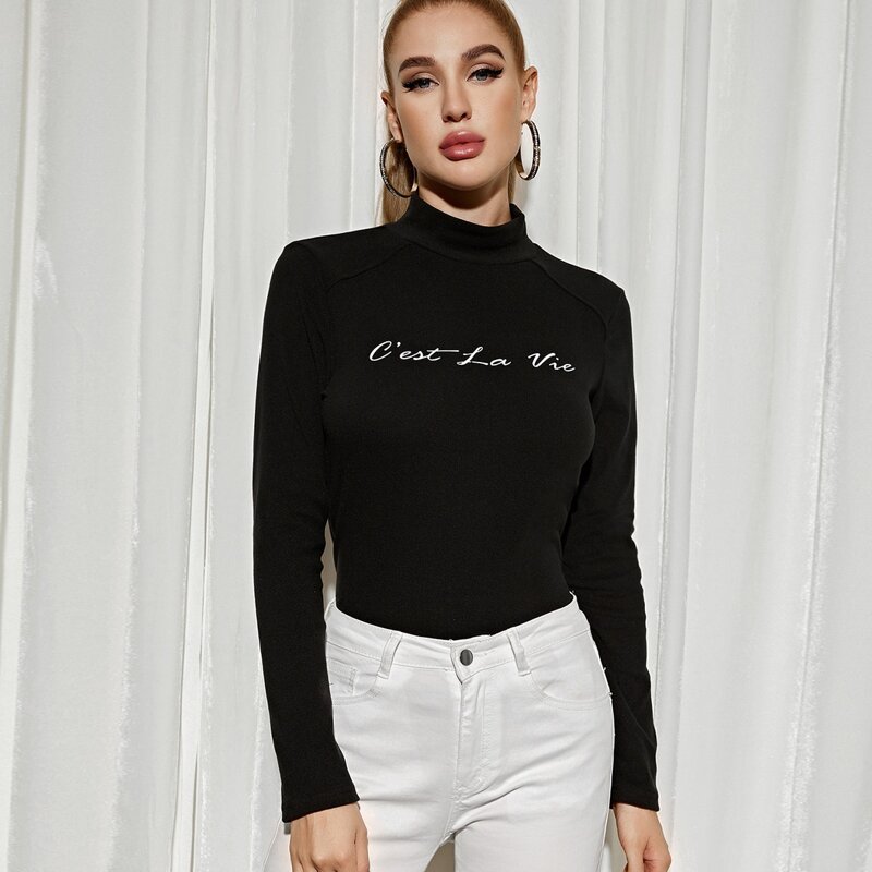 

Mock Neck Letter Graphic Tee, Black