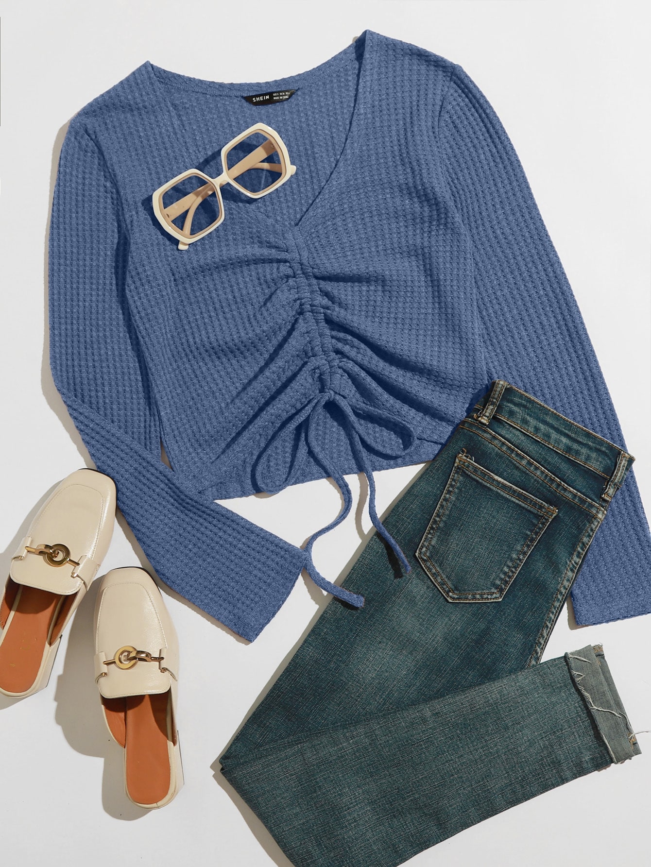 Drawstring Front Waffle Knit Top thumbnail