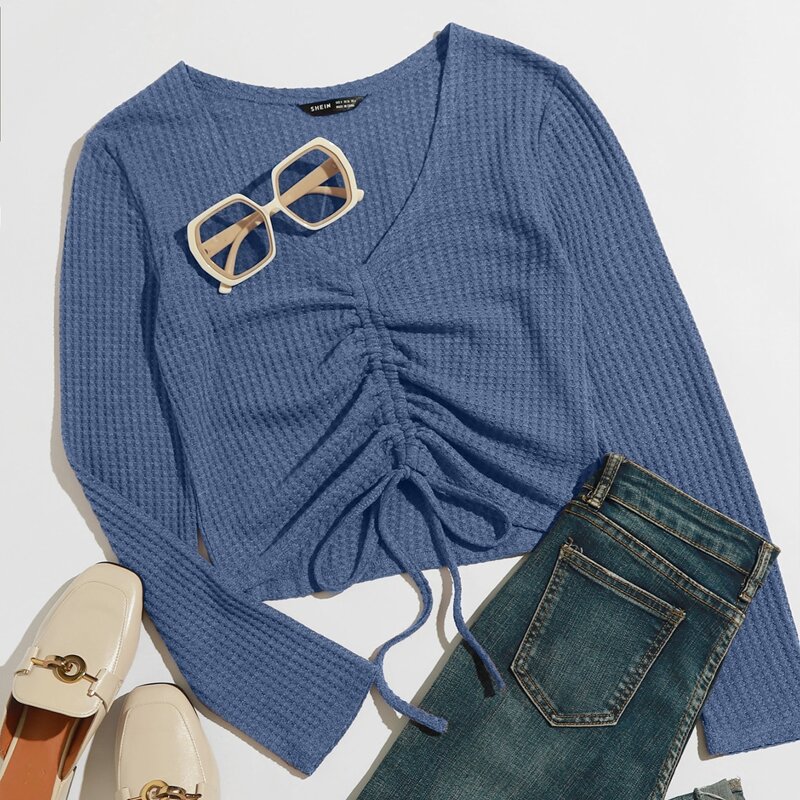 

Drawstring Front Waffle Knit Top, Dusty blue