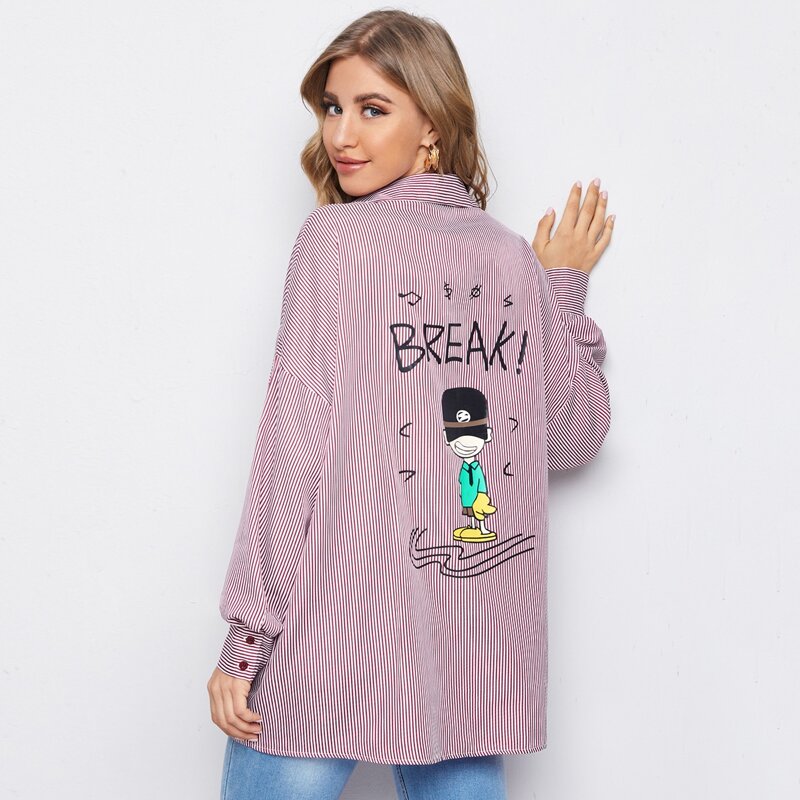 

Letter and Figure Graphic Pocket Patched Drop Shoulder Blouse, Red and white