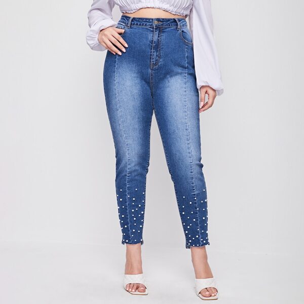 

Plus Bleach Wash Pearl Beaded Jeans, Medium wash